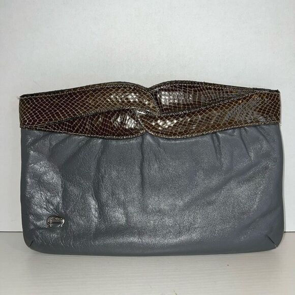 Vintage Aigner Snake Leather Bag Clutch Gray/Brown Classic Zip Closure Purse - Picture 1 of 6